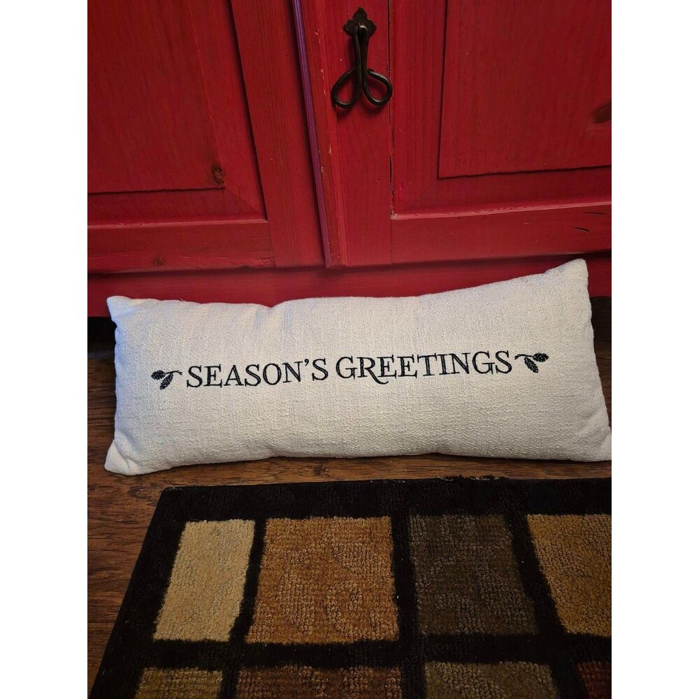 Season's Greetings Long Embroidered Pillow Oversized 29x11 Holiday Season Decor